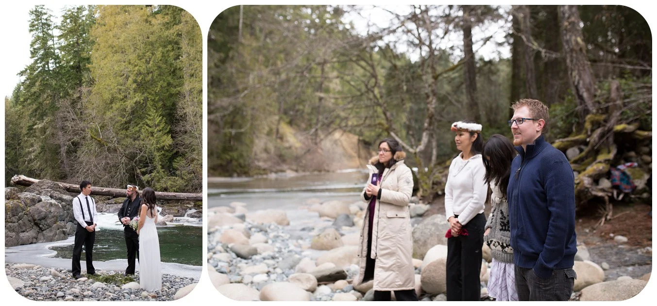 family watches beautiful elopement ceremony, englishman river falls wedding parksville bc photographer