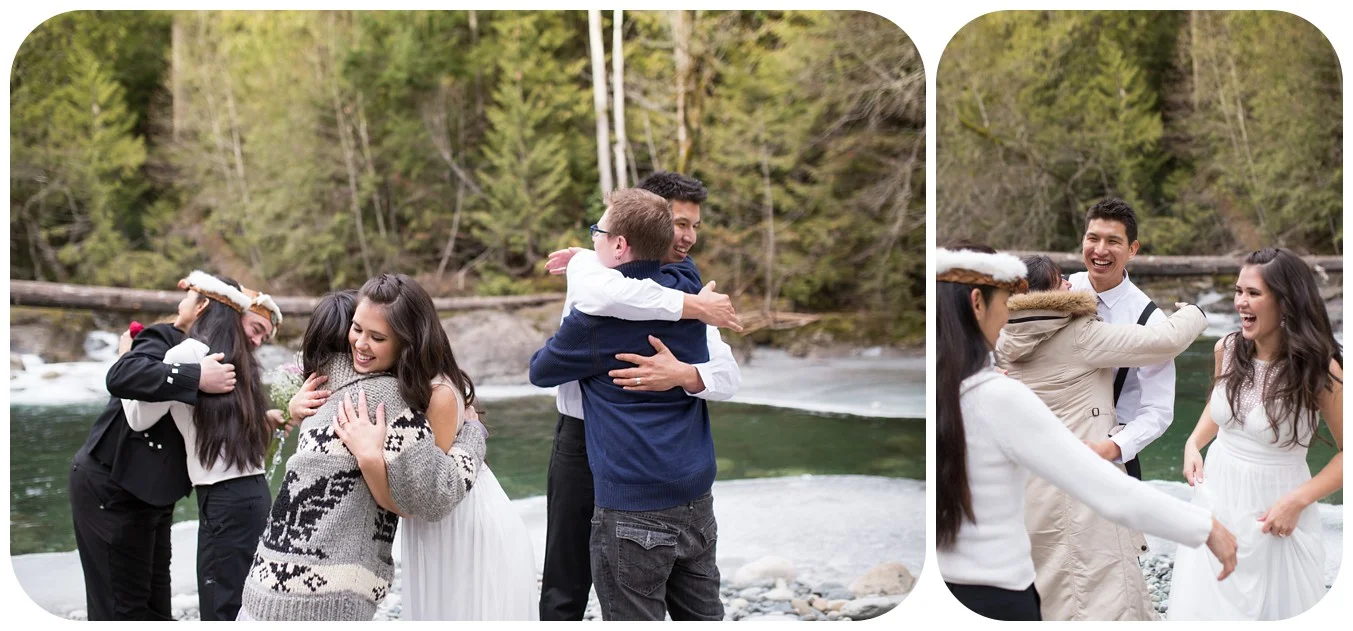hugs to family members at elopement, vancouver island elopement photographer, whimsical weddings
