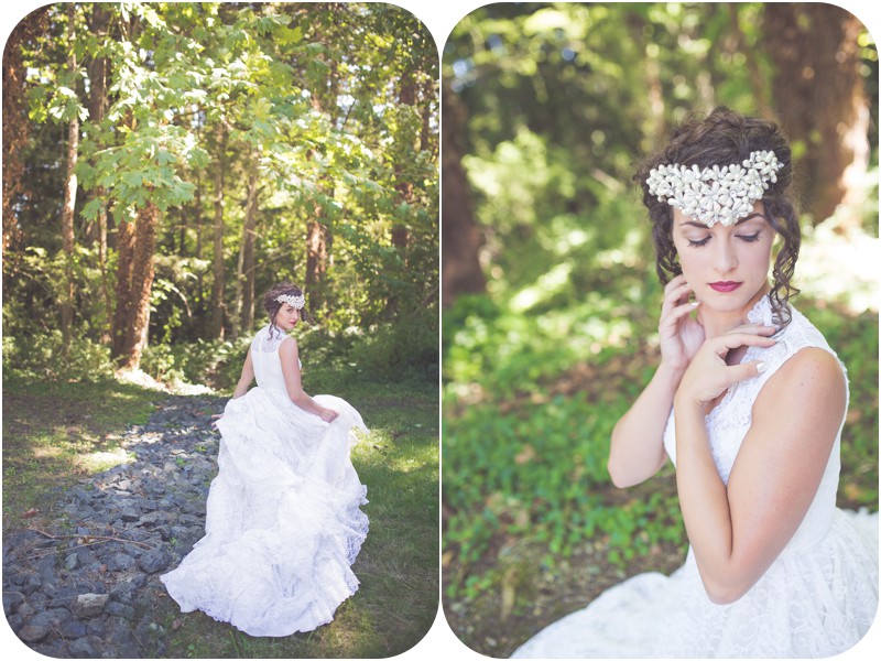 romantic lace gown, bridal session in forest, boho bridal session, romantic wedding photography, bold beaded headpiece, wedding hair and makeup, nanaimo colliery dam, nanaimo bc makeup artist, nanaimo wedding photographer, romantic vancouver island wedding photographer, whimsical vancouver island wedding photographer, romantic nanaimo wedding photographer, whimsical nanaimo wedding photographer, nanaimo makeup artist