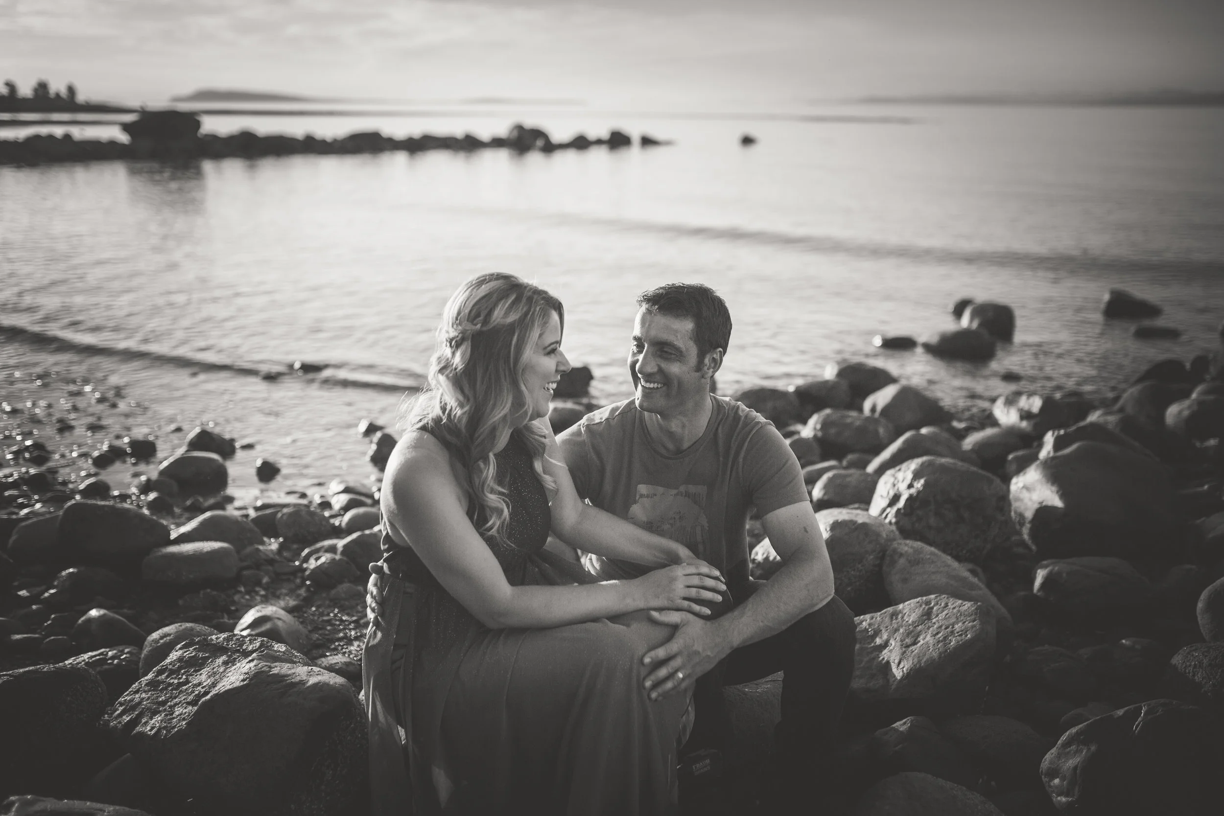 black and white ocean engagement photos