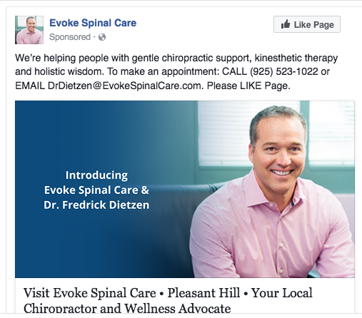 Evoke does healing work. Good work. But, not enough people know about them in Pleasant Hill. Therefore, our strategy needed a wide net: Facebook advertising, boosts, posts and likes, direct mail, local events, meet 'n greets, peer to peer relationship building, offer testing, repositioning, fresh messaging, and reconfigured offerings.