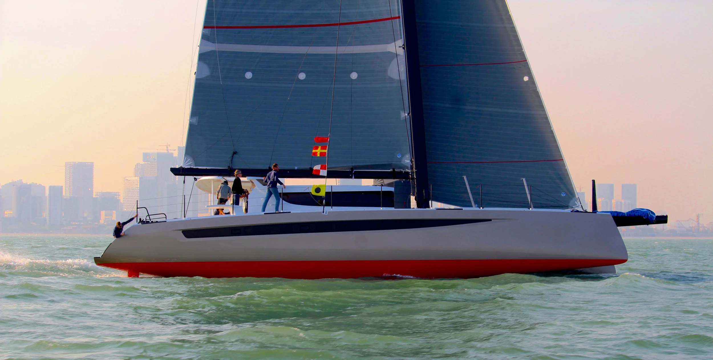 HH Catamarans' newest 66, 'Nala', launched this month in Xiamen. HH66-03 is the lightest 66 to date, and sports a taller mast and longer longeron than her previous sisterships. Nala will be headed for the Caribbean later this winter, with a packed itinerary that includes a number of regattas. We can't wait to see what this yacht will do on the racecourse! Sea trials are complete and the yacht is being prepared for shipping to the US. Check out a quick clip of Nala flying a hull , and keep an eye on our Facebook page for behind-the-scenes looks as the world's newest and, quite possibly, most turbocharged luxury cruising cat makes her way home.