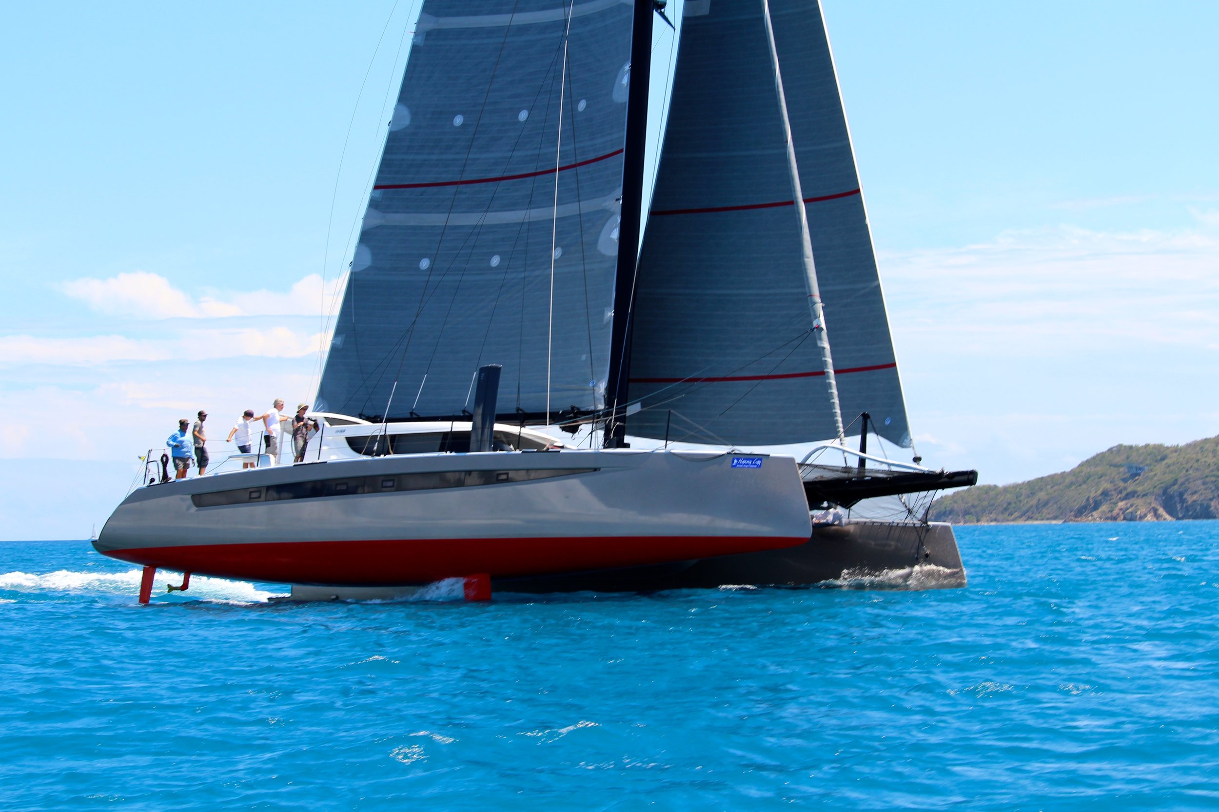 HH Catamarans made its US debut in February at the Strictly Sail Miami Show with HH66-03 NALA. With her striking golden hulls and gorgeous luxury interior, NALA was the star of the show. Following the show, NALA headed East for a shakedown sail to the Bahamas and then on to the USVI. Immediately after arriving in St. John NALA switched gears to prepare for the St. Thomas International Regatta . With North Sails' Cam Appleton, designer Gino Morrelli and commissioning skipper Chris Bailet joining the crew, NALA sailed with shrewdness, speed and consistency, scoring three firsts and a second and finishing in 1st Place Overall. Next on the docket was the BVI Spring Regatta , billed as the heavyweight event of the season. NALA, with only a few weeks on the water, set out to prove her prowess on the racecourse once again. Led by North Sails president Kenny Read, NALA hoped to shake things up amongst a formidable fleet and give the veteran competitors a run for their money. Making the necessary adjustments after a few early missteps, NALA improved each day, chipping away at the elapsed time margins behind the fleet's toughest competitors. Ultimately the tenacity paid off, with NALA taking 2nd Place Overall. After a blazing racing debut, NALA finally cooled the pace and took a bit of time to enjoy cruising in the VIs before eventually heading North to her Summer home in New England. 