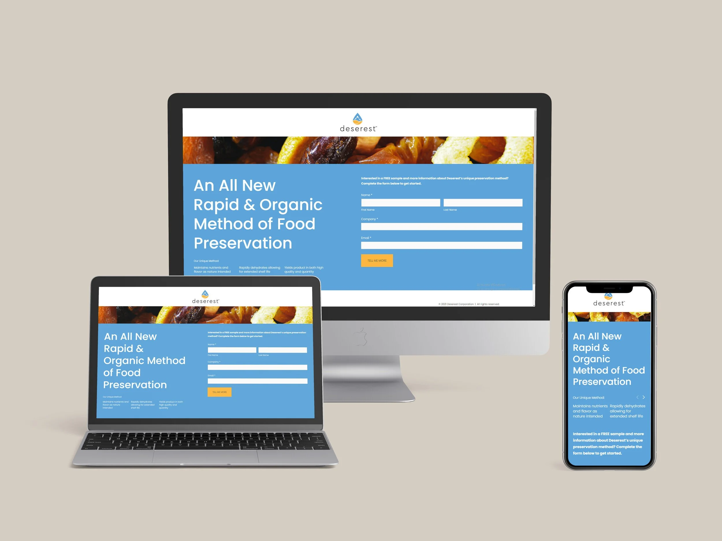  Deserest post-click landing page created to capture client information and sample requests. This was used as a tool to capture new sales leads and explain the company’s new and innovative process for dehydration. 