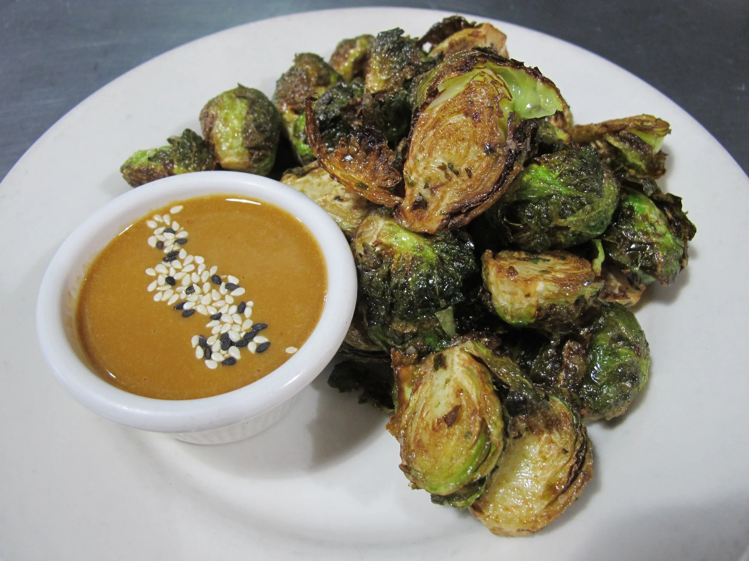 SESAME FRIED BRUSSELS SPROUTS W THAI PEANUT DIP