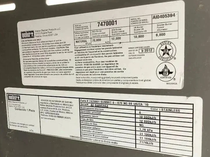 Weber natural gas BBQ rating plate showing gas type and BTU rating