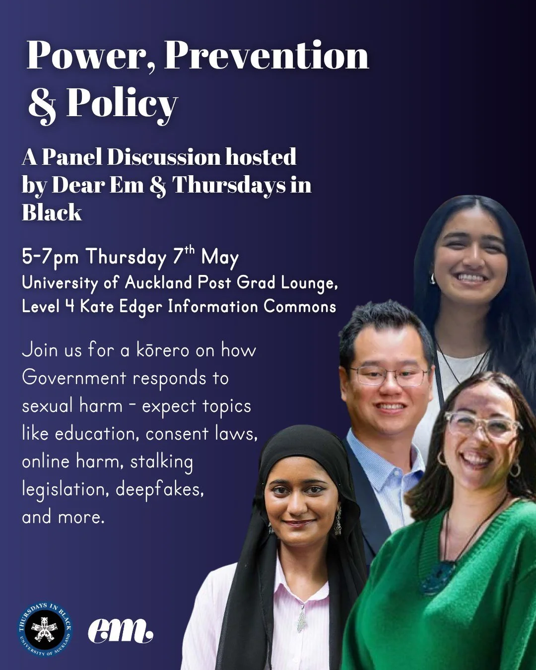 We are SO excited to be bringing you our Power, Prevention &amp; Policy panel this Thursday!!

The kōrero is sure to be inspiring, with our incredible panellists:
💜Aanya Shukla from @dearem.nz 
💜Ayesha Mohammed the current @womensrightsofficer_ausa