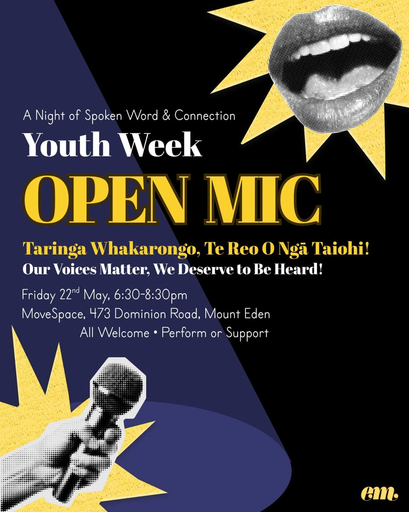 May 18&ndash;24 is Youth Week in Aotearoa, and this year&rsquo;s theme is &ldquo;Taringa Whakarongo, Te Reo O Ngā Taiohi! Our Voices Matter, We Deserve to Be Heard!&rdquo; 

To celebrate, we&rsquo;re hosting an Open Mic Night for you to share your vo