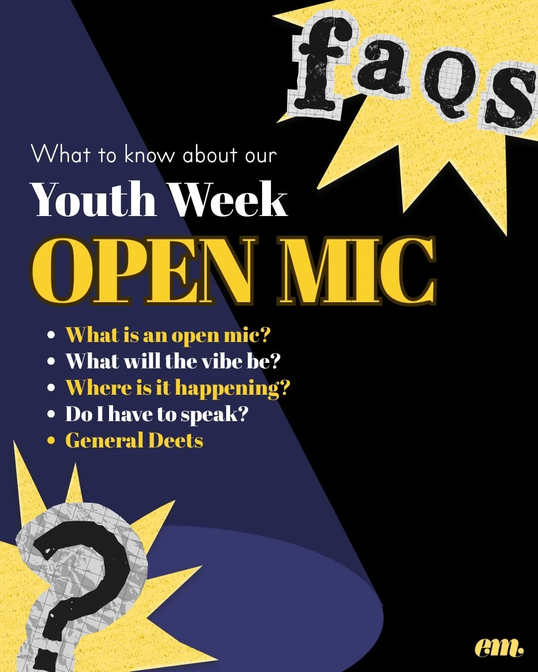 Not sure about coming to our Youth Week Open Mic? Here&rsquo;s all the info you need to know about how our Open Mic will work, what the vibes will be, and where we&rsquo;ll be hanging out for the evening!

Register now via the link in our bio 🔗