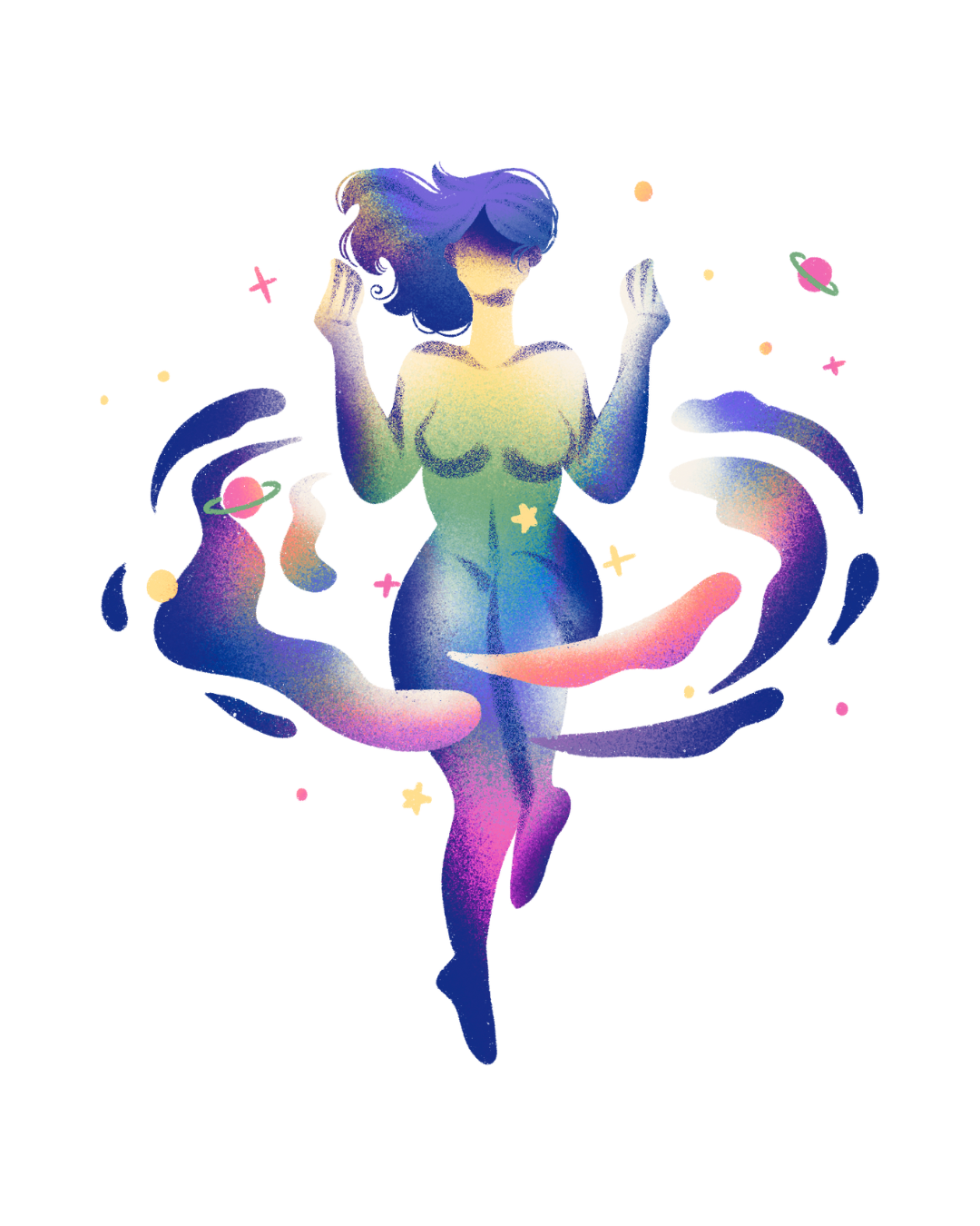 A glowing woman floating in space