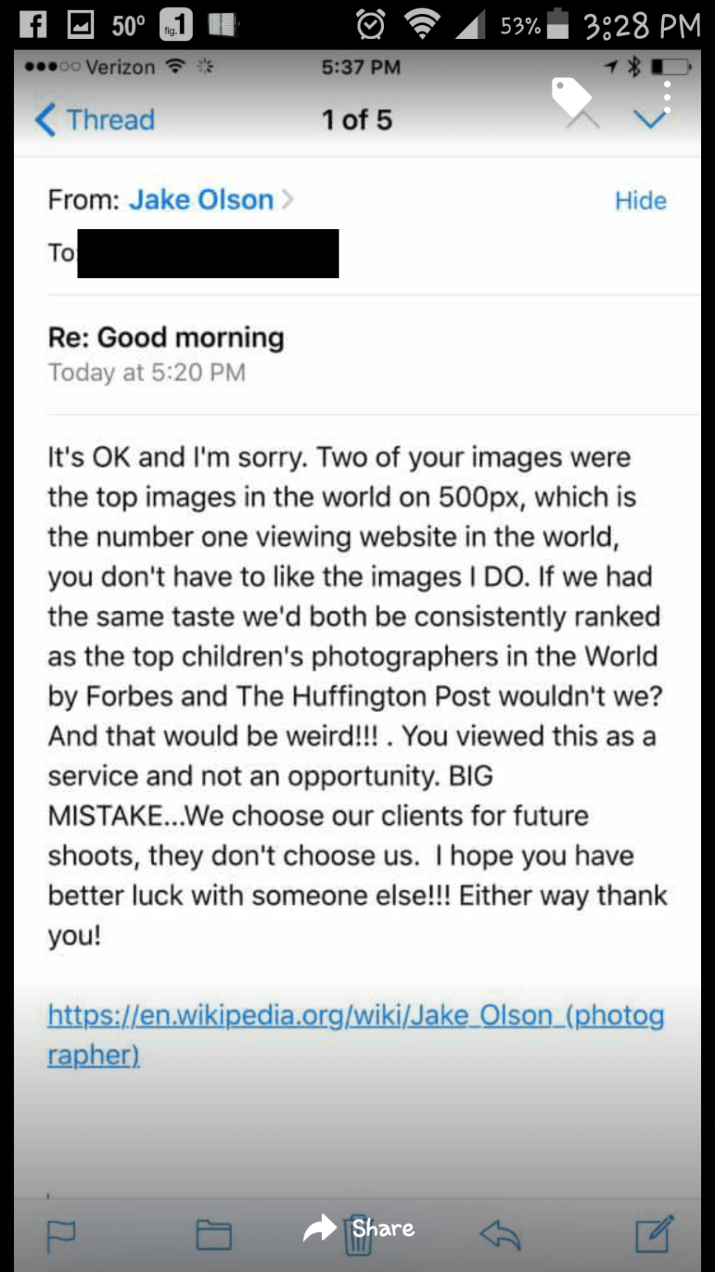 A complaint email from a client and Jake's super professional response.&nbsp;