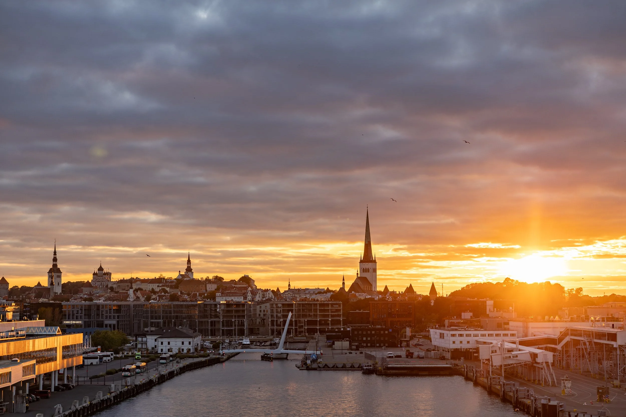 Sunset over the port of Tallinn, Estonia