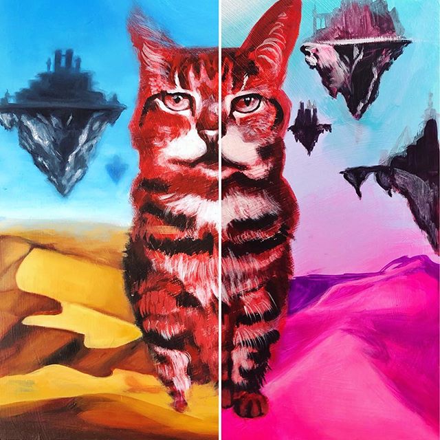 My latest commission piece. On the right is the underpainting I did for layout, on left is after 3 dune layers, 2 sky, floating city layer, and none yet on the cat. Excited to be working steadily again after taking some time to focus on building the 