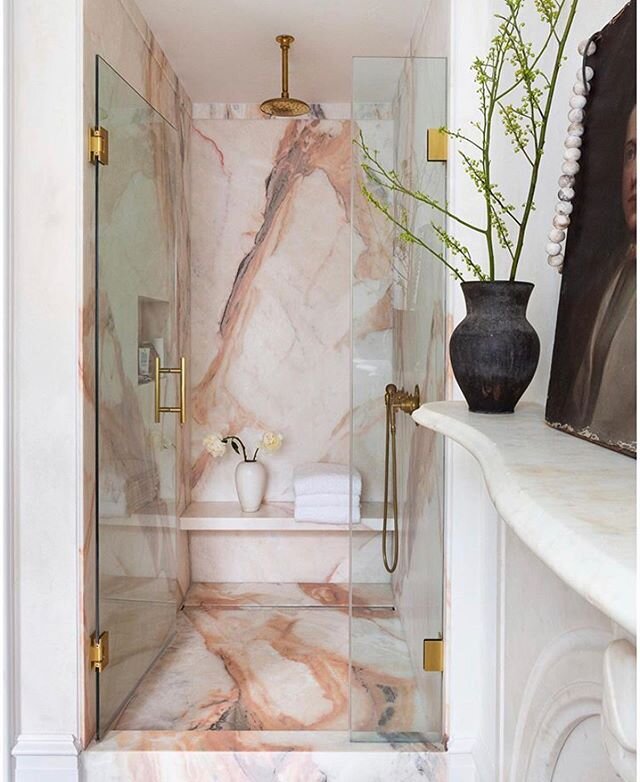 While we are all swooning over @eyeswoon&rsquo;s stunning pink #marble shower, let&rsquo;s use it as an opportunity to study for our #IDPX @ncidqexam and review how the marble walls were installed. .
⏺ For her marble shower walls, if the stone was in