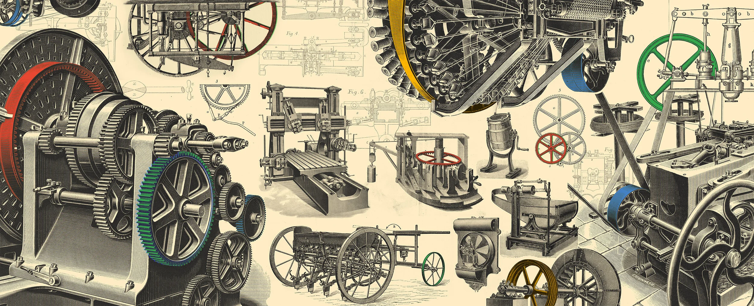 Gears, printed at mural size on wallcovering substrate