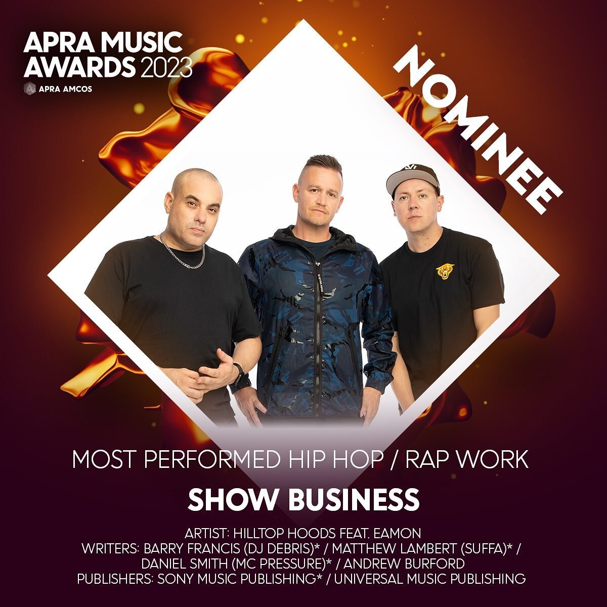 Ayo! Show Business is nominated for Most Performed Hip Hop Work at the APRA Awards. Congrats @hilltophoods @eamonofficial  Thanks @apraamcos