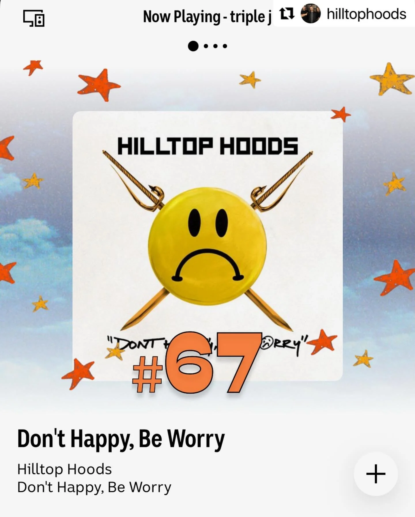 Triple j Hottest 100 triple threat:
#67 - Don&rsquo;t Happy, Be Worry
#85 - Never Coming Home (Feat. SIX60)
#86 - Something Bigger Than This  @hilltophoods gotta retain that most entrants record 👏👏👏