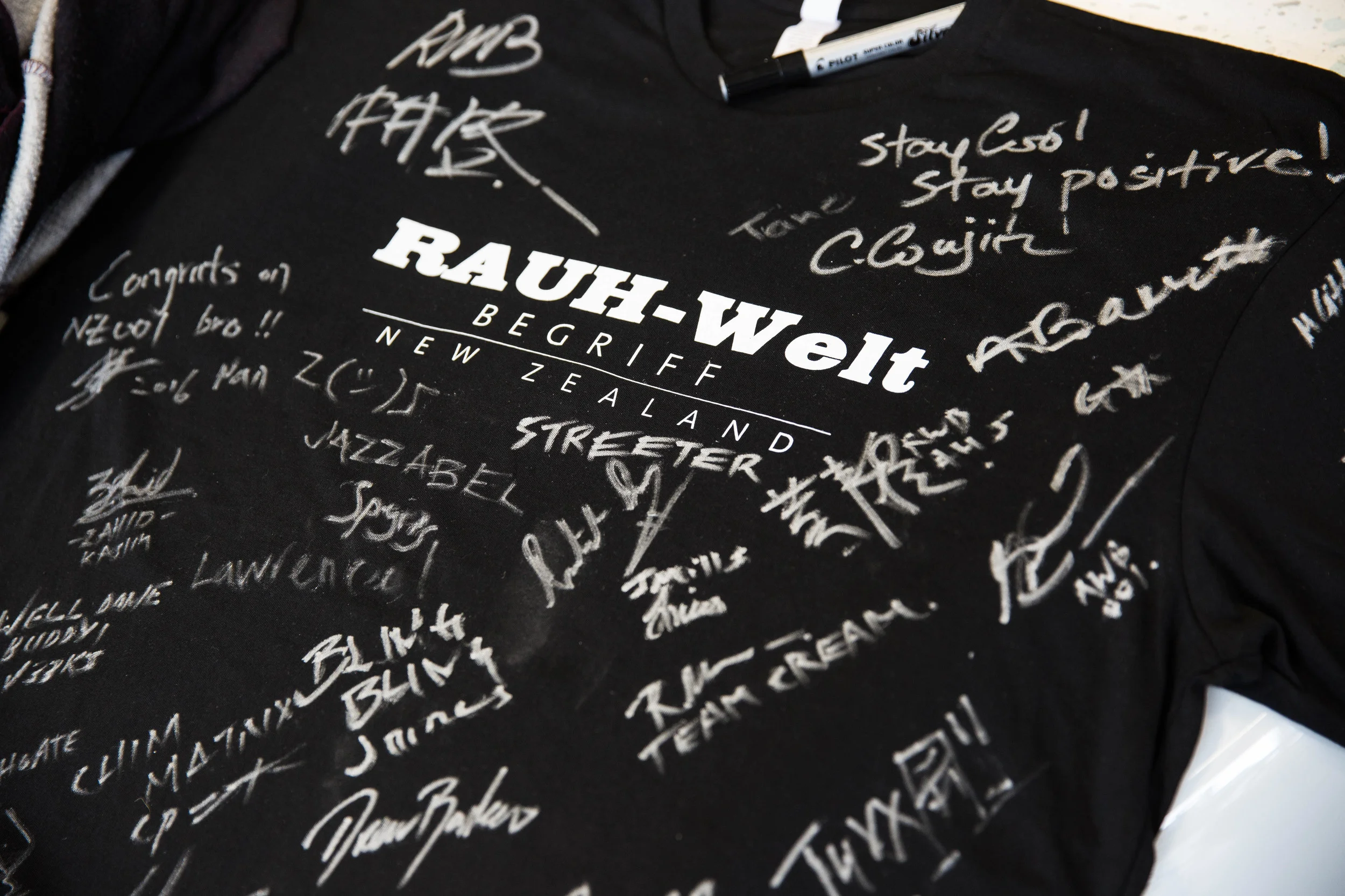 Anthony's RWB New Zealand top signed by everyone at the build.