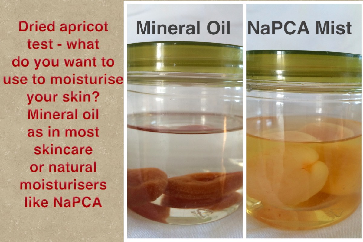 This is an experiment I did to show what I mean. A dried apricot from the same bag was put in a jar of mineral oil (baby oil) and in a NaPCA Moisture Mist. These are the results 12 hours later.