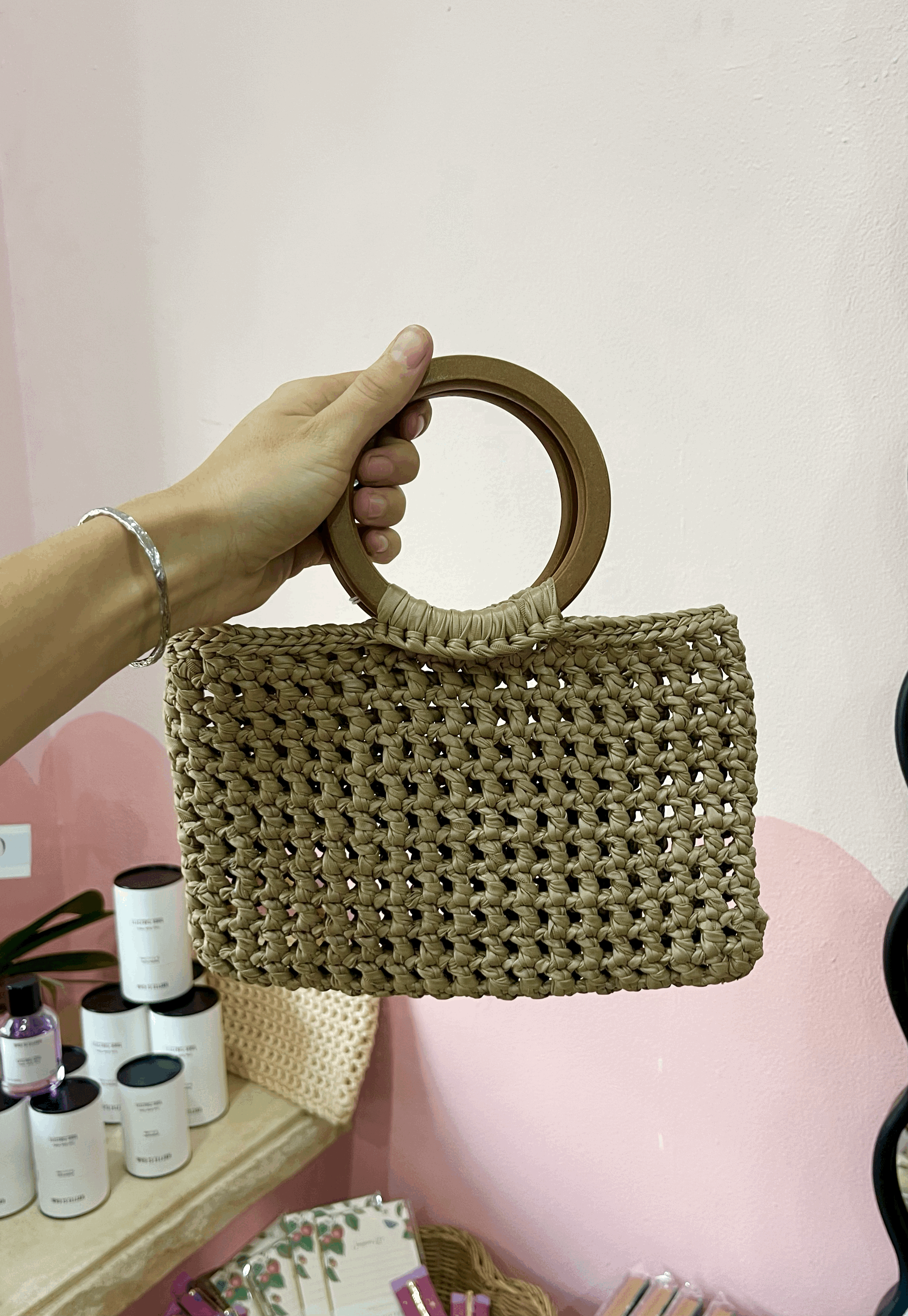 Oat Brown Crochet Timber Handle - Handmade Bag