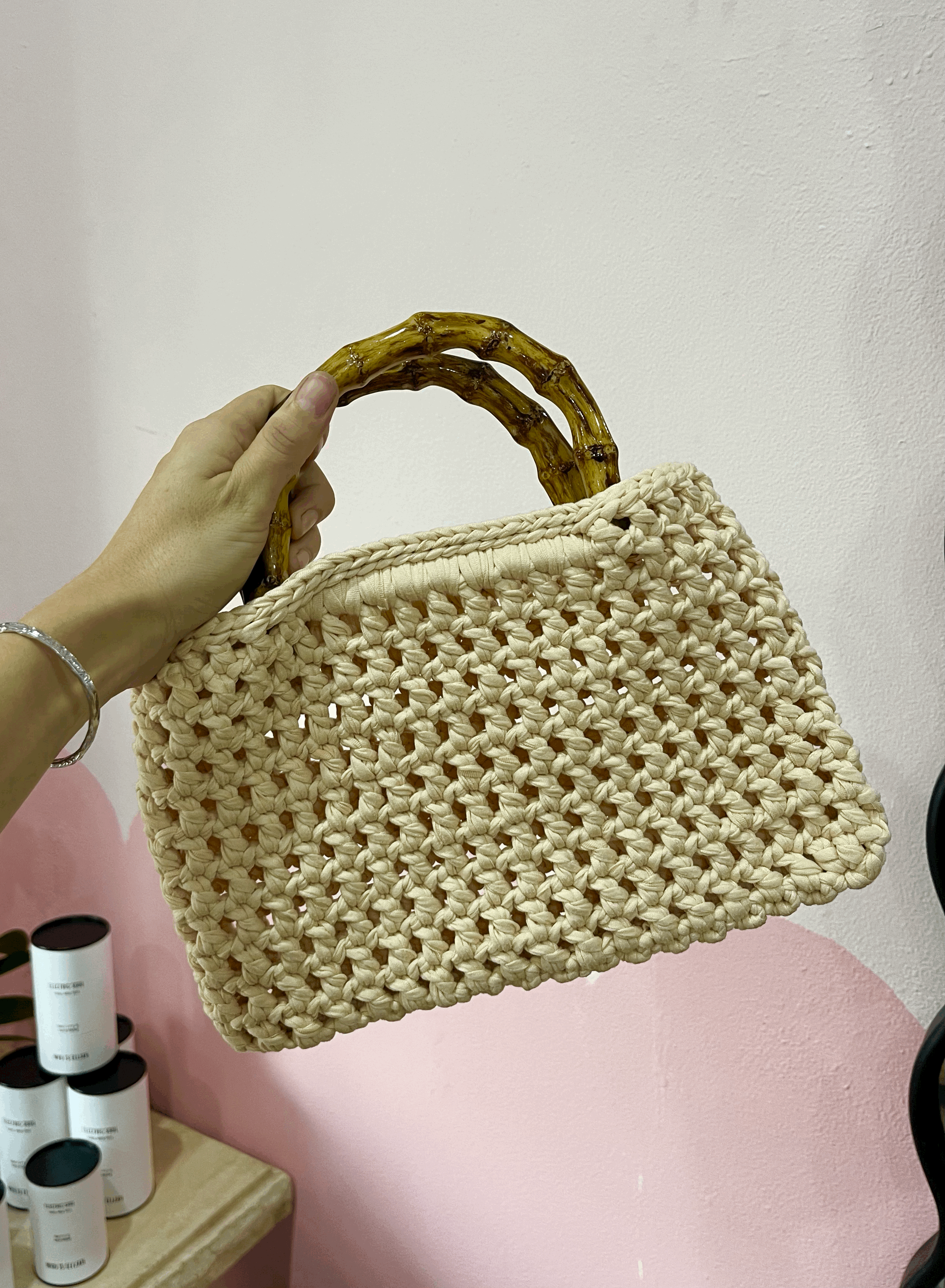 Cream Crochet Bamboo Handle  - Handmade Bag