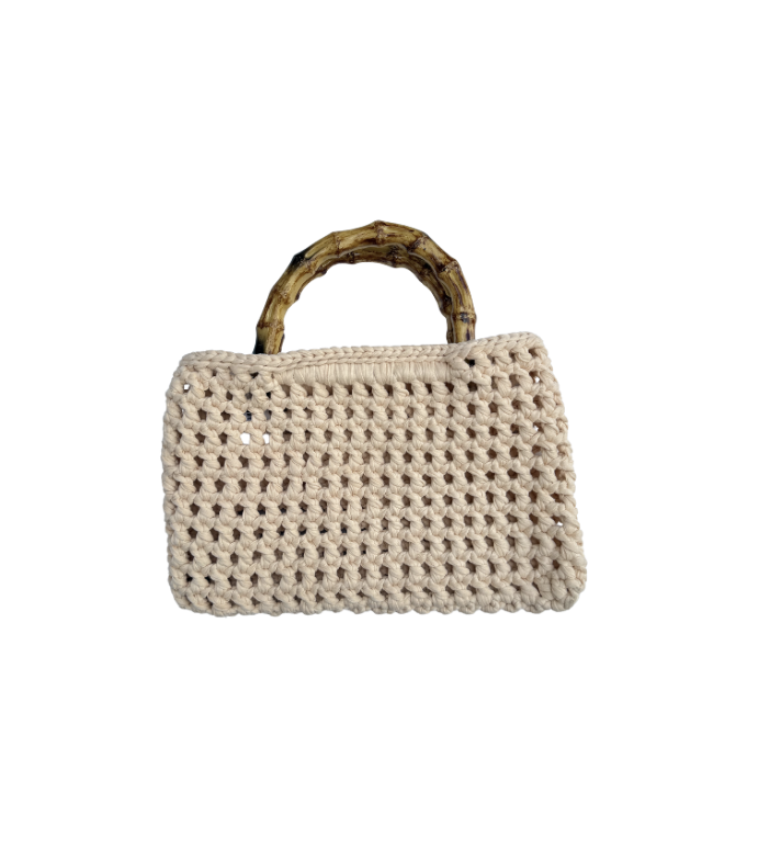 Cream Crochet Bamboo Handle  - Handmade Bag