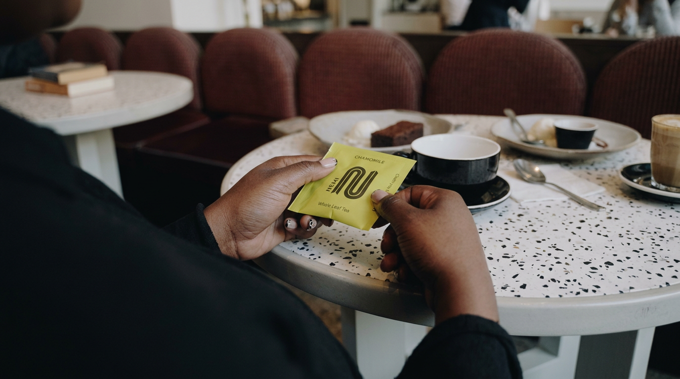 A person holding a NEMI Teas bag in a hotel
