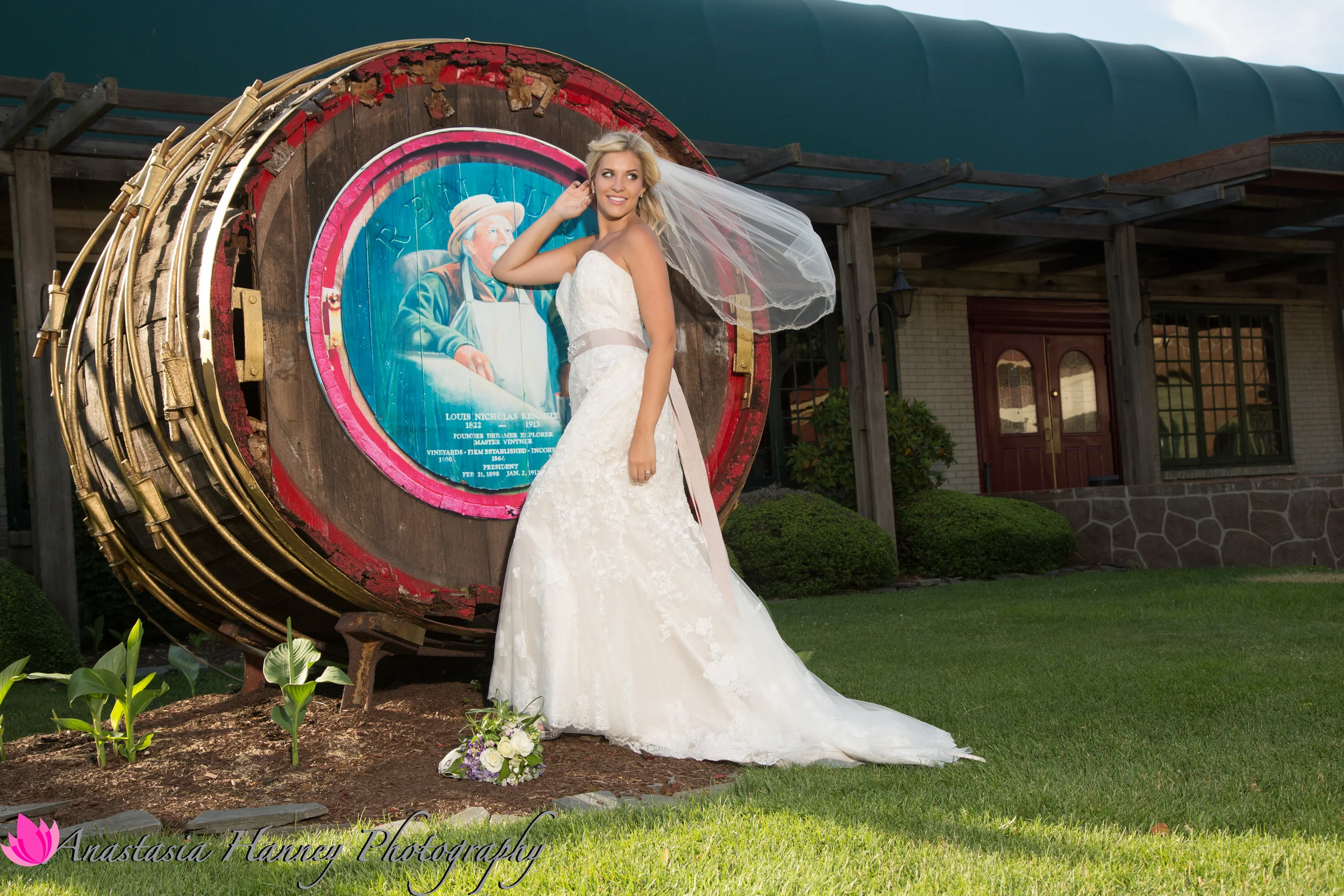 Beautiful Bride Pose Outdoors with Barrel Renault Winery Egg Harbor City New Jersey Philadelphia Pennsylvania Delaware Anastasia Hanney Photography