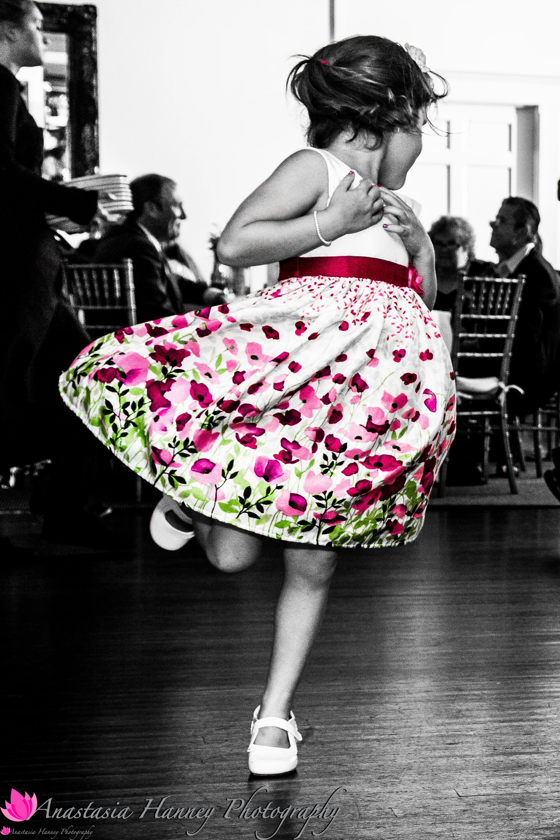 Wedding Photography of Flower Girl Dancing at Braddock's Tavern in Medford New Jersey by Anastasia Hanney Photography