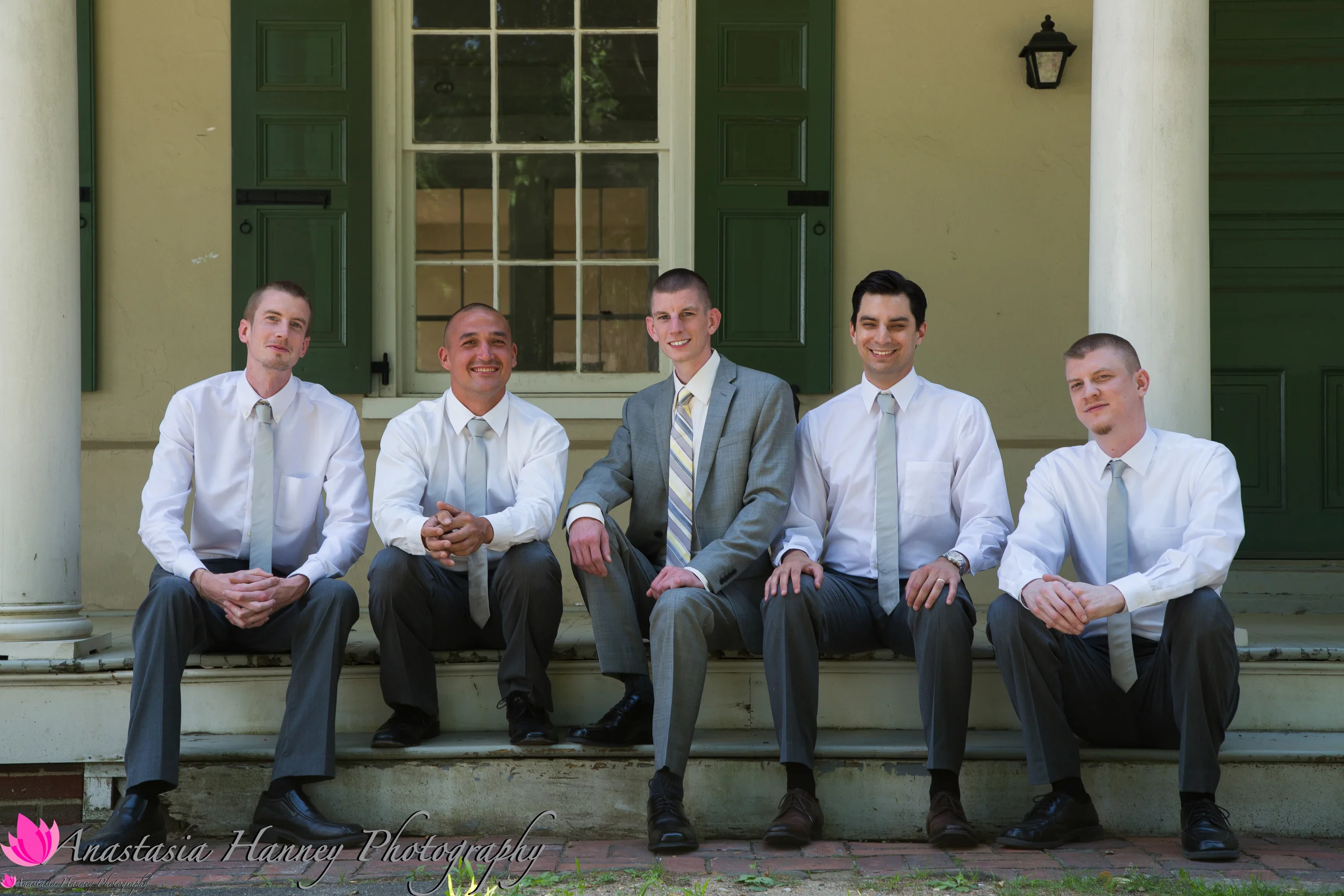 Wedding Photography of Groom and Groomsmen Posing in Cherry Hill New Jersey at Croft Farm
