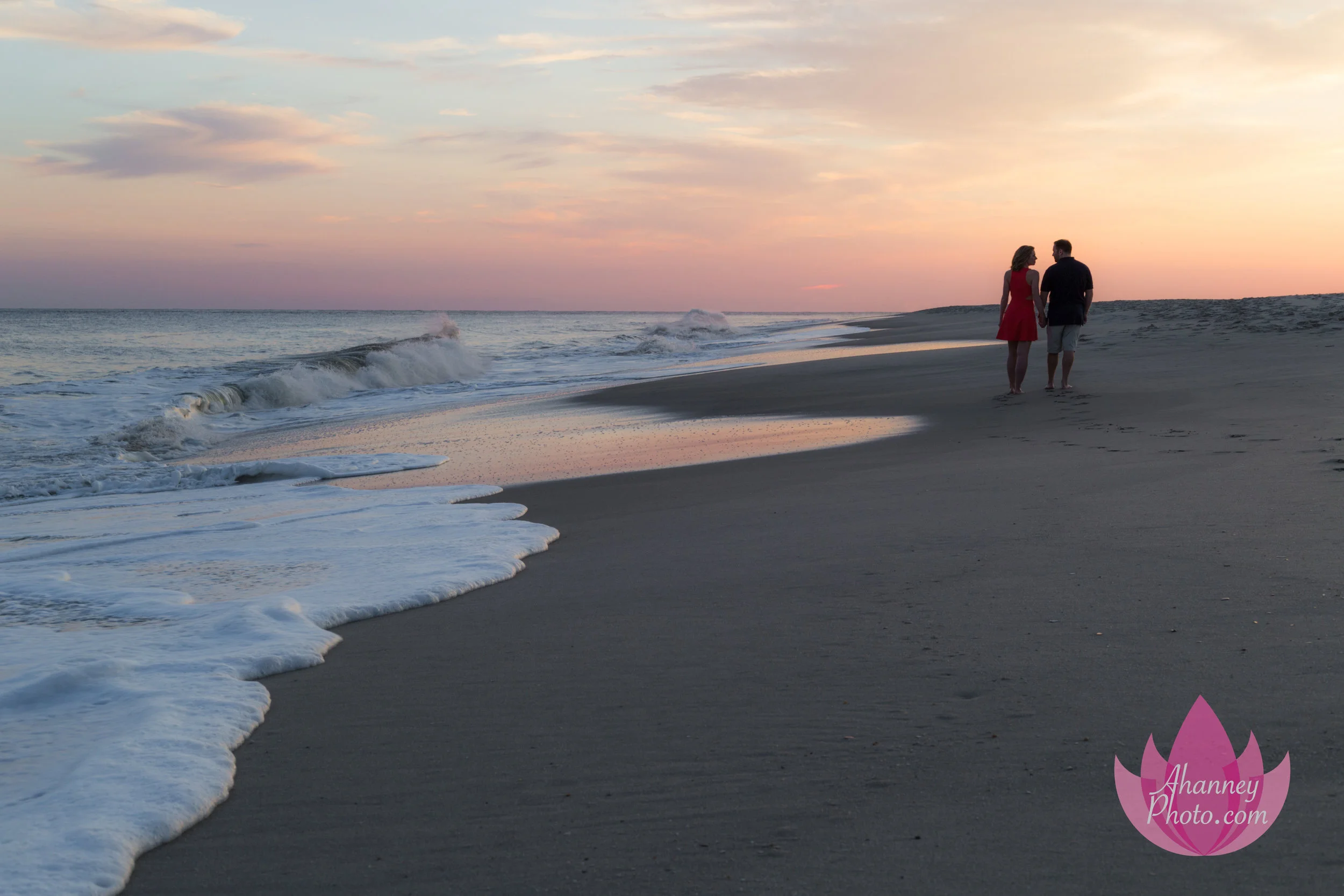 Engagement Photography Walking on Beach near Surf at Cape May New Jersey Shore during Sunset AHanneyPhoto engagement sunset beach