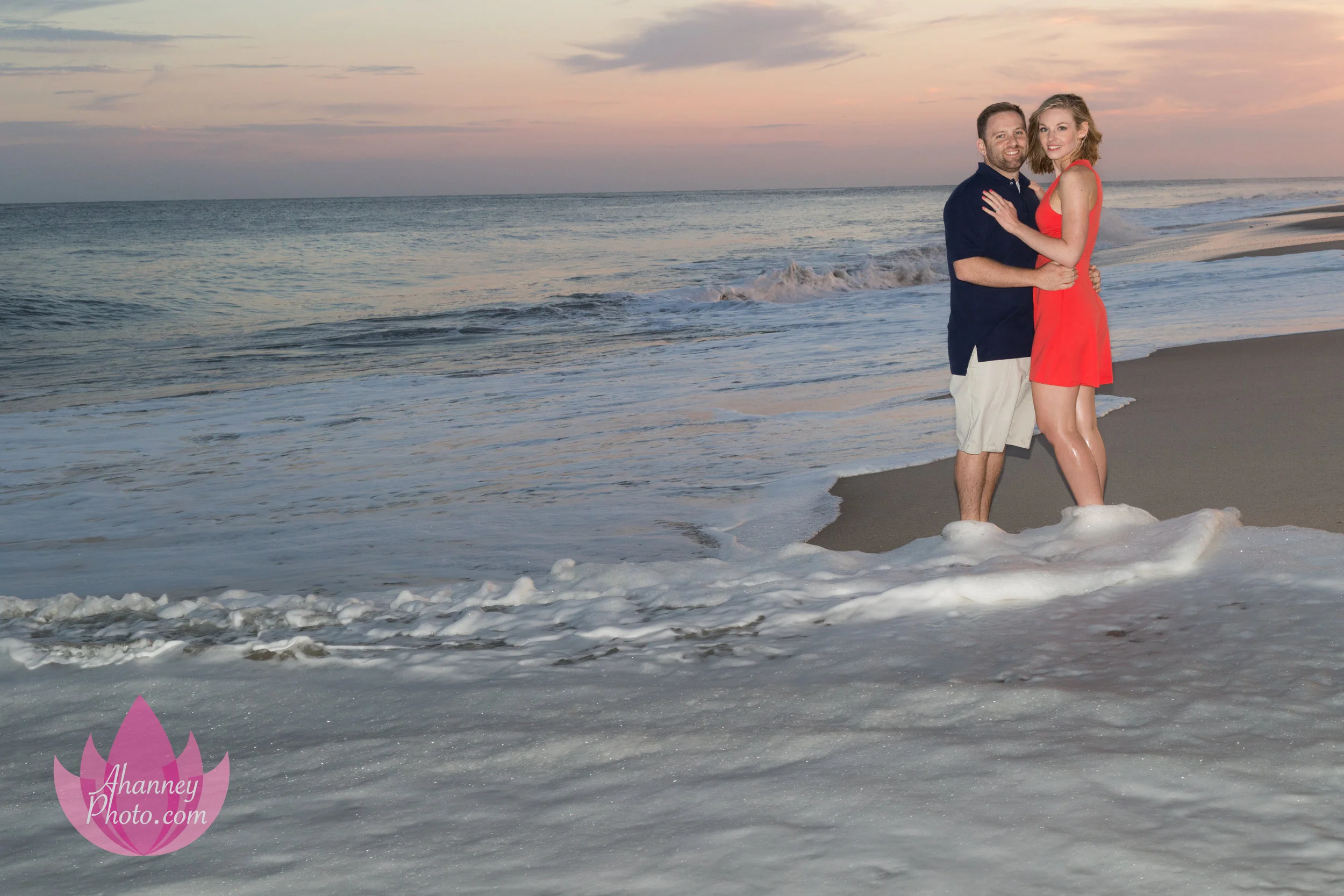 Engagement Photography on Beach Standing in Surf at Cape May New Jersey Shore during Sunset AHanneyPhoto ocean
