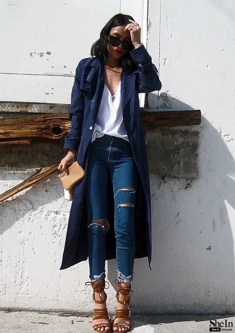 Edgy chic. The trench coat, ripped jeans, and strappy heels. (Image Soure: SheIn.com)