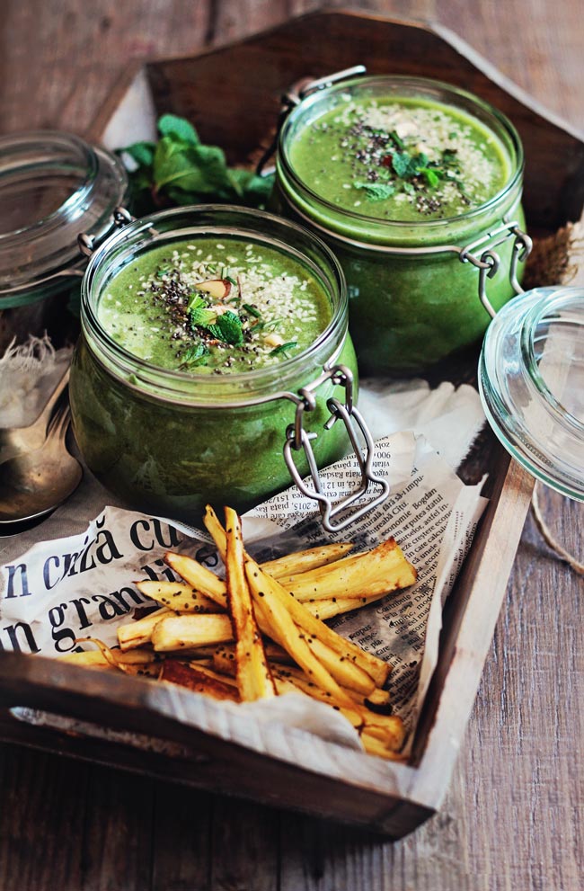 SPRING GREENS SOUP WITH BAKED PARSNIP FRIES