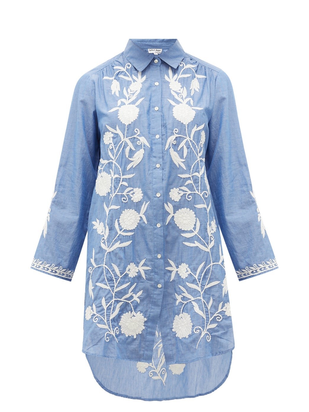 Floral-embroidered cotton-chambray shirtdress