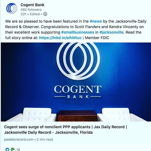 What a nice surprise at LinkedIn page today, how gratifying seeing a LM Photography image displayed! Great opportunity working with Cogent Bank! #cogentbank #lmphotography_lumarcus #centralfloridaphotographer #orlandophotographer #advertising #commer