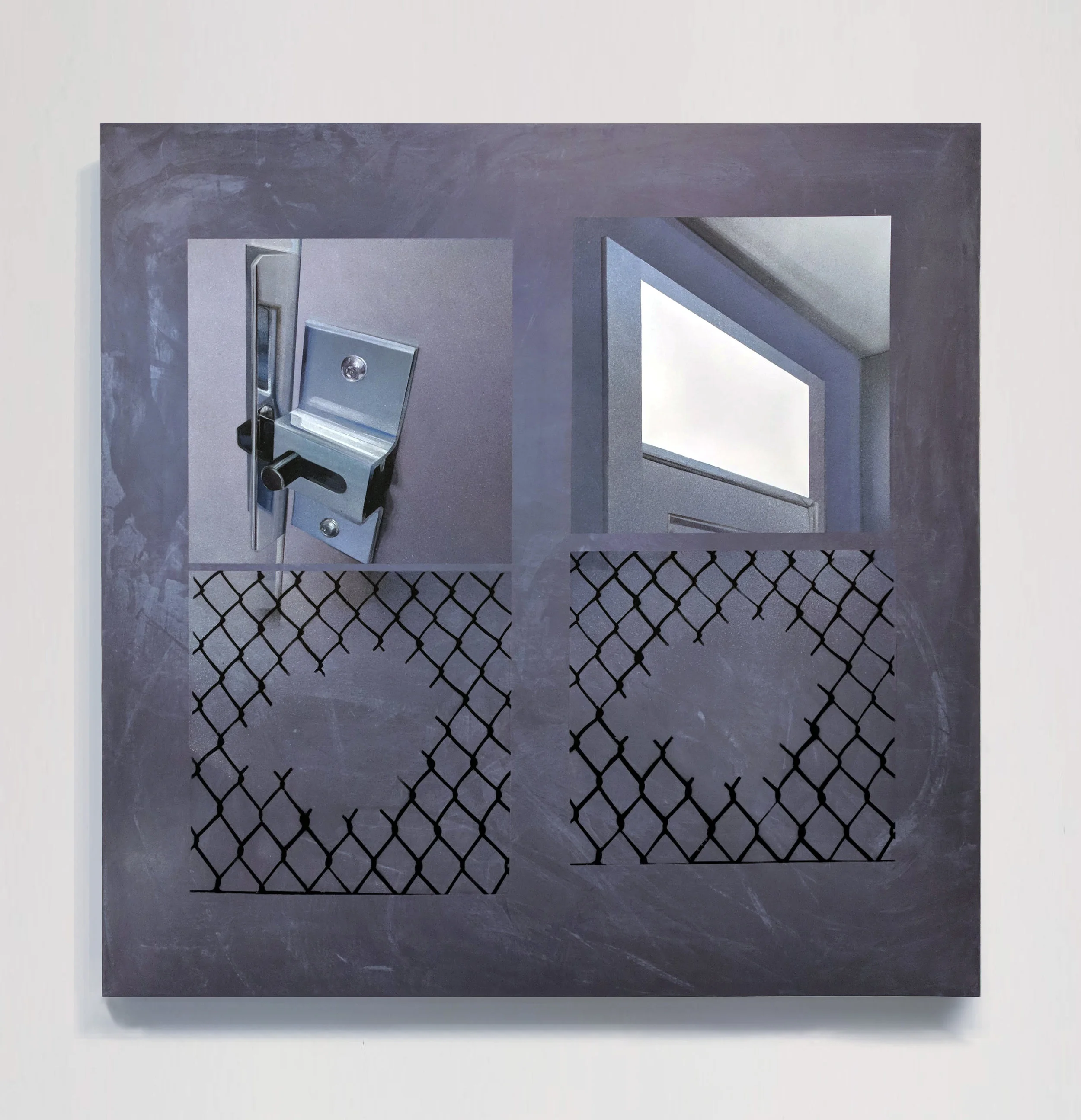 Lock, window, and fences 2018 spray paint and marker on wood panel 47.5in. x 47.5in. x 1.75in.
