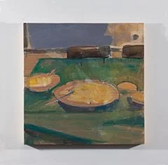  cowley dinner, 2019, 12” X 12” X 1”, Acrylic, House paint, and spray paint on cradled wood panel. 