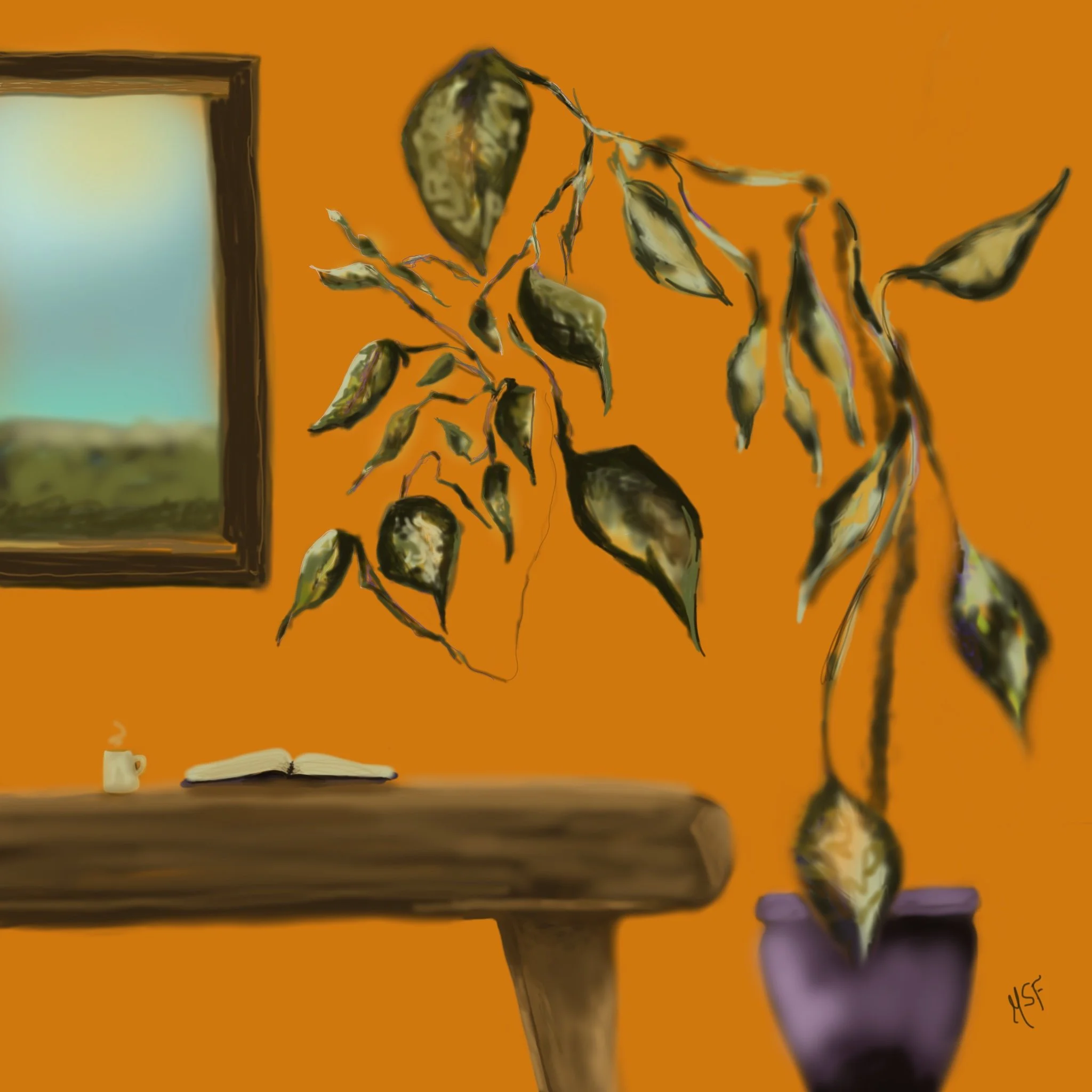 Digital painting of a cozy indoor scene with a wooden table, an open book, a steaming cup, a large plant with drooping leaves, a window showing outdoor landscape, and a potted plant against an orange wall.
