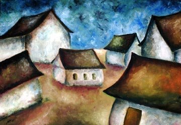 Field Houses, Oil on paper