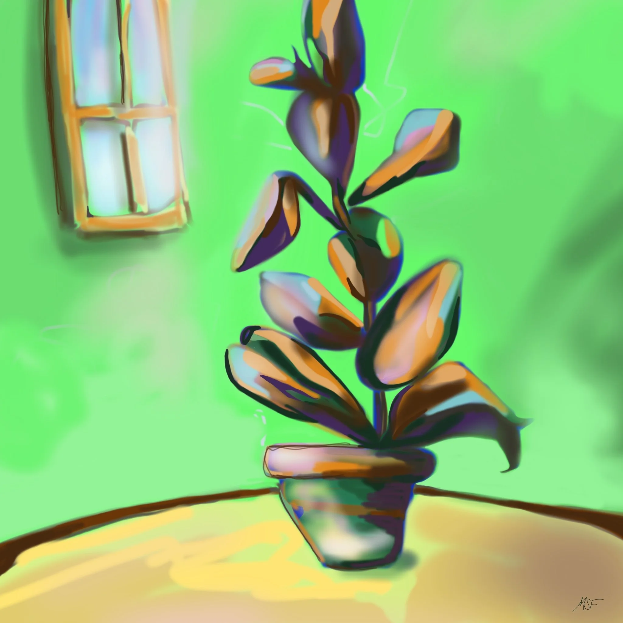 A stylized painting of a potted plant with large, elongated leaves, placed on a table with a blurred background of a green wall and a window.