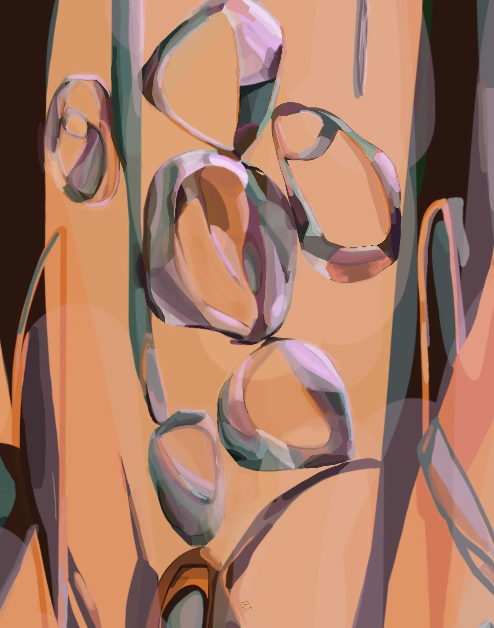 Abstract painting of tulips with orange background and muted pink, purple, and green colors.