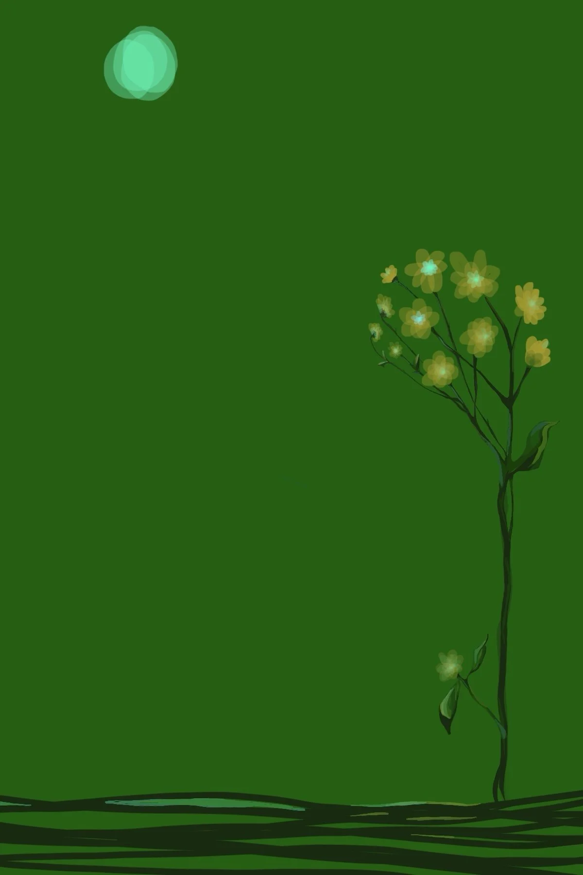 A digital illustration of a tall, thin plant with small, light green flowers on a dark green background, with a blurred teal bokeh light in the upper left corner.