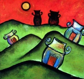 Village Hilltops, Oil on paper