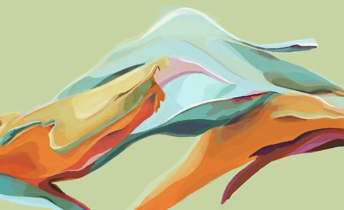 Abstract digital painting of colorful, flowing shapes in shades of orange, yellow, light blue, and purple set against a pale green background.