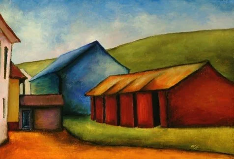 Farm Neighborhood, Oil on paper