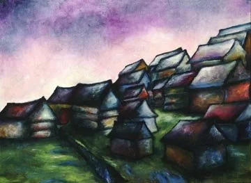 Village Mist, Oil on paper