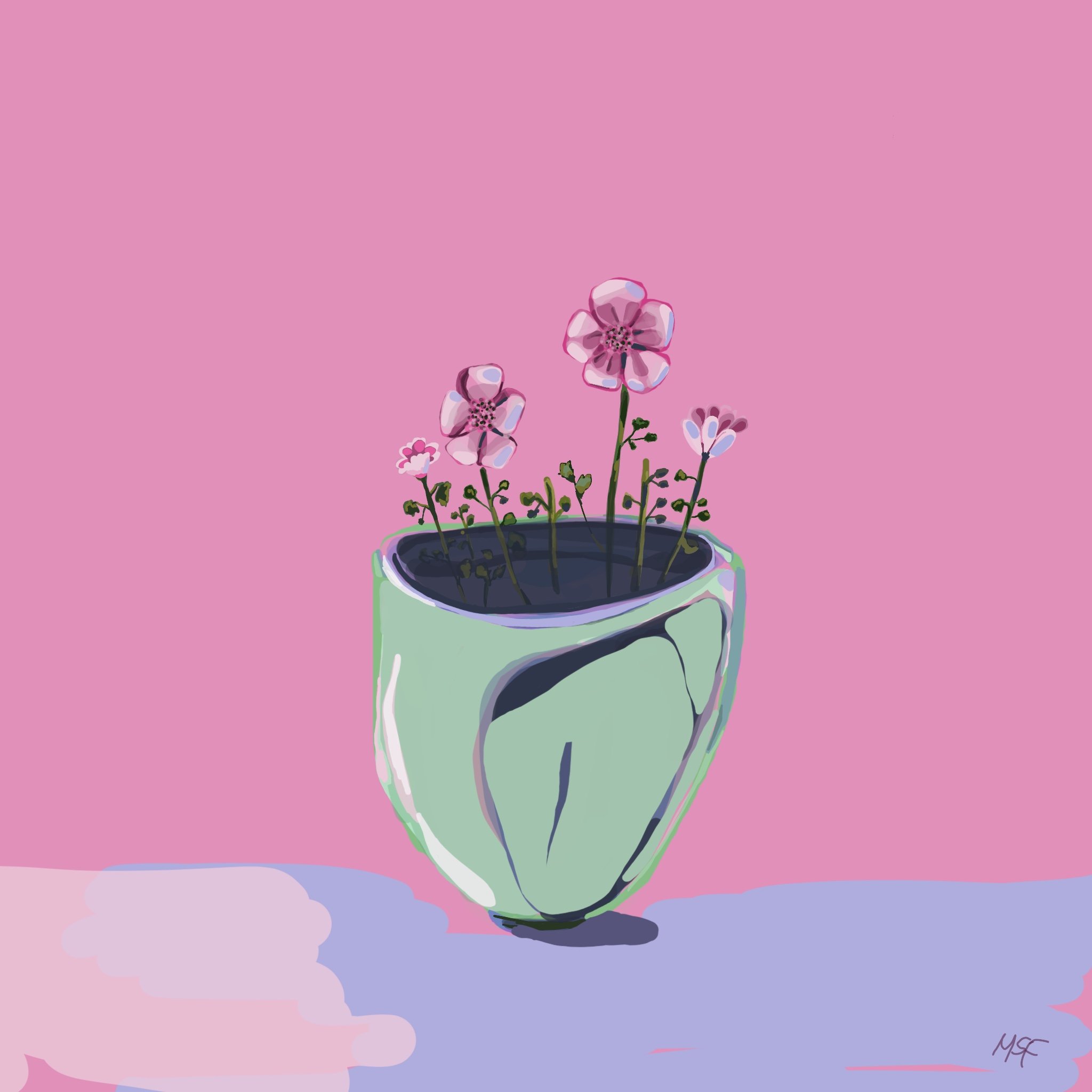 Digital illustration of pink flowers in a light green mug against a pink and purple background.