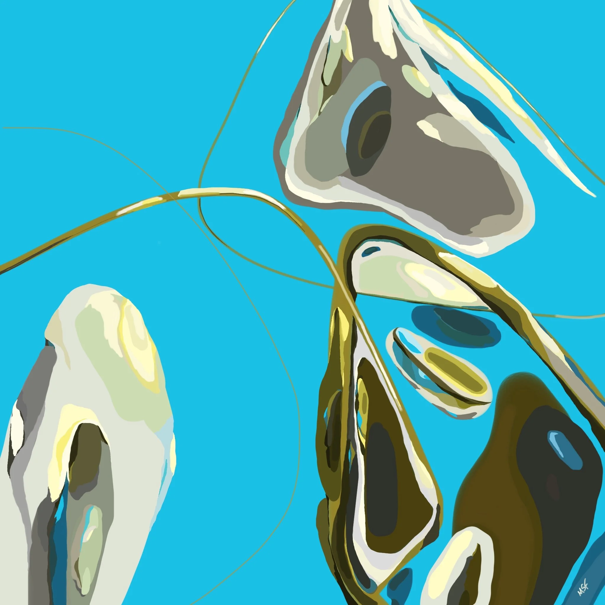 Abstract digital artwork featuring irregular shapes and lines in shades of white, gray, brown, and gold on a bright blue background.