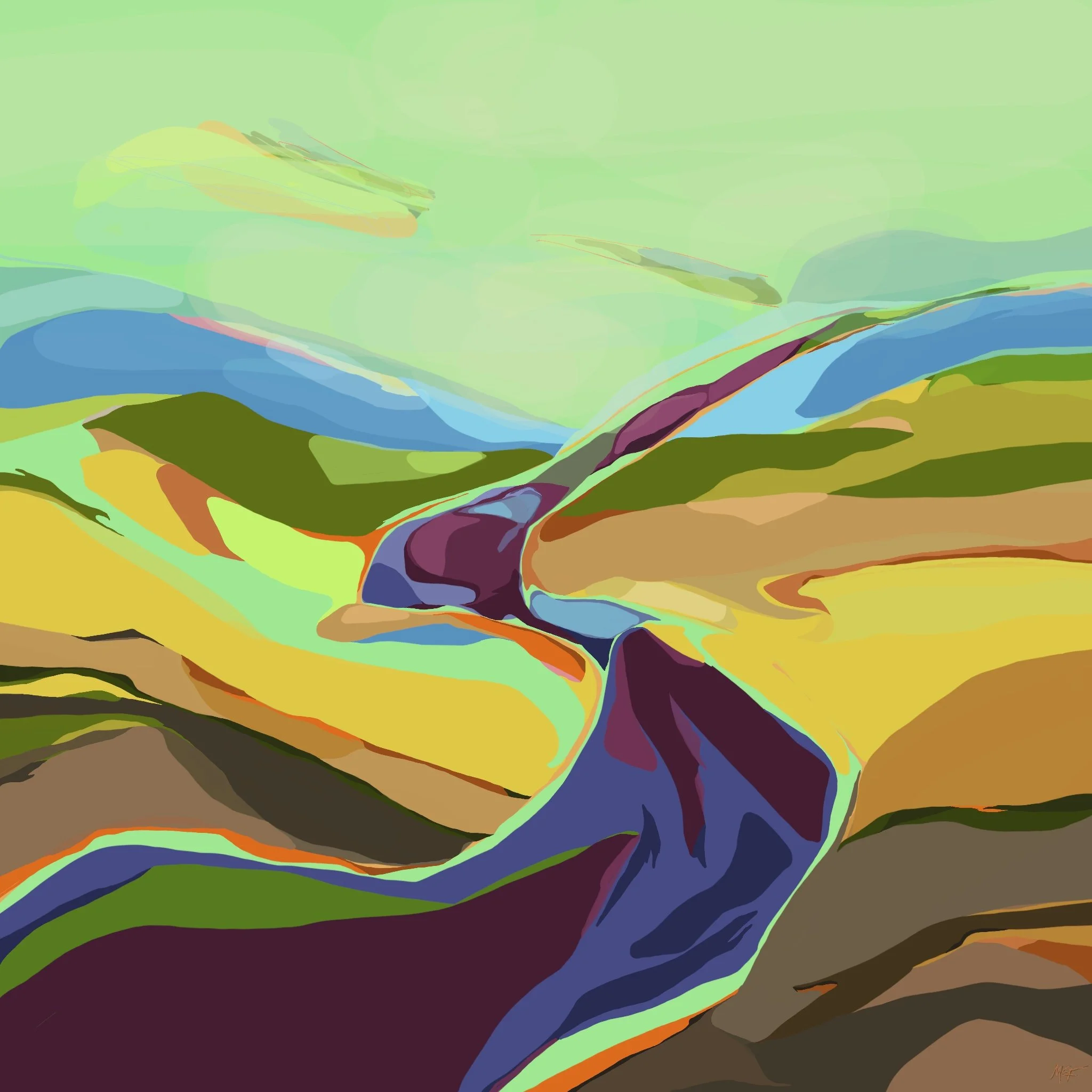 Abstract landscape scene with rolling hills, a winding river, and a cloudy sky in various shades of green, blue, yellow, and purple.